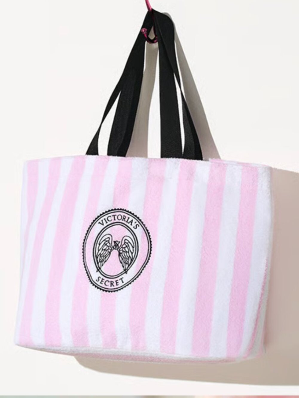 Victoria's Secret Pink & White Striped Terry Tote with Black Handles - NWT